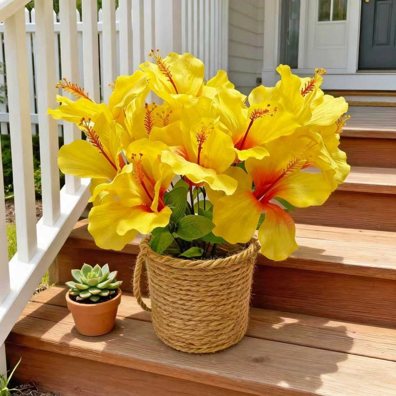 Centerpiece Vase Tall - ดอกไม้ 15 ดอก = 3 ช่อของดอกชบาประดิษฐ์สำหรับฤดูใบไม้ผลิ/ฤดูร้อน,