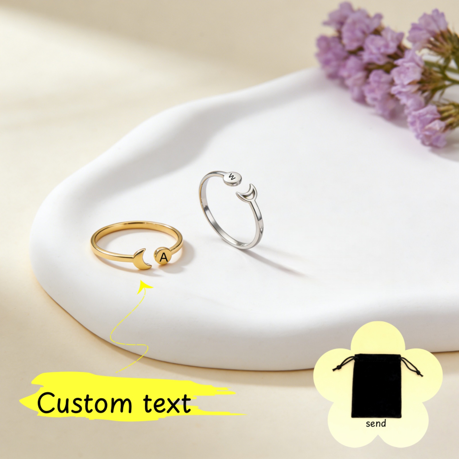Wedding Z - แหวนสแตนเลสสตีลรูปพระจันทร์เสี้ยวและพระอาทิตย์แบบเรโทร ตัวอักษร A-Z ปรับแต่งชื่อได้ แหวนคู่เรียบง่าย ของขวัญเครื่องประดับ