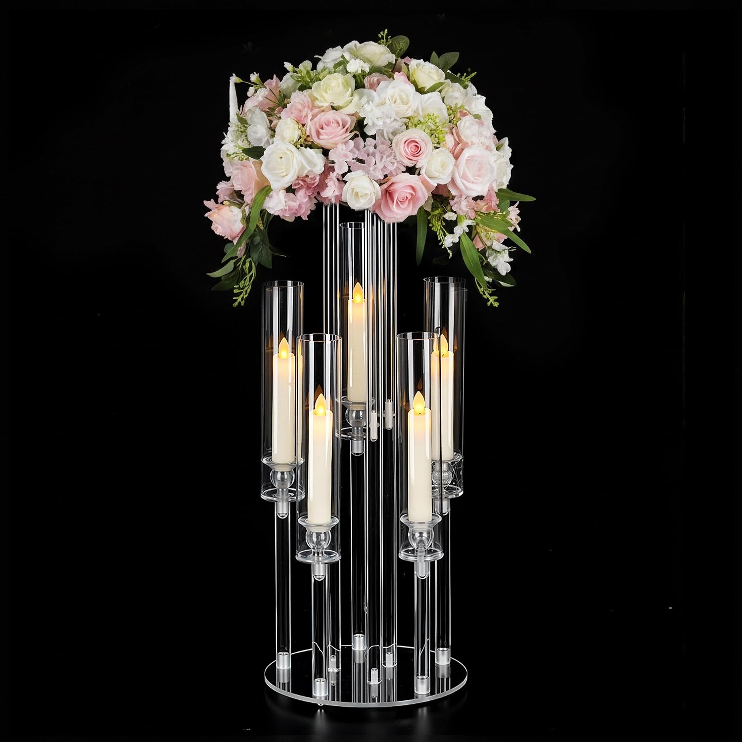 Centerpiece Vase Tall - เชิงเทียนอะคริลิกแบบ 5 แขนพร้อมฐานวางดอกไม้และโคมไฟ ความสูง 23.6 นิ้ว