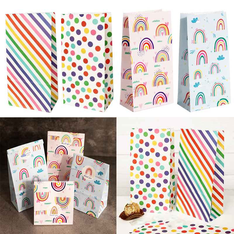 Wedding Supply.Box - ถุงกระดาษขนาดเล็ก Rainbow พิมพ์ Candy คุกกี้กระเป๋าสีชมพูเด็กของขวัญวันเกิดกระเป๋ากล่อง DIY