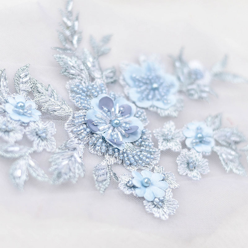Wedding Lulu - ลูกปัดปักลายดอกไม้สุดหรูหราสำหรับชุดแต่งงาน แพทช์ปักลายดอกไม้สีน้ำเงิน แพทช์ขนาดใหญ่สำหรับเสื้อผ้า