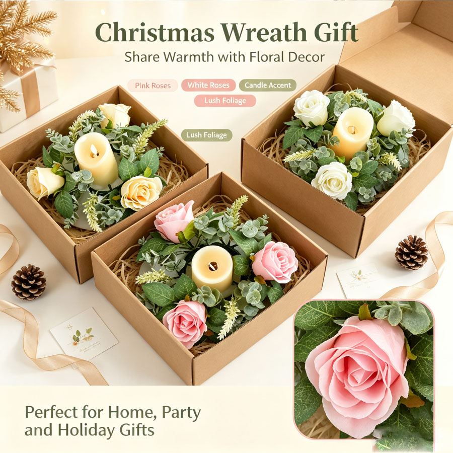 Unity Candle Set - เชิงเทียนรูปพวงหรีดดอกกุหลาบประดิษฐ์ พร้อมพวงมาลัยดอกไม้ สำหรับตกแต่งโต๊ะในงานคริสต์มาส งานแต่งงาน งานวันเกิด และงานปาร์ตี้