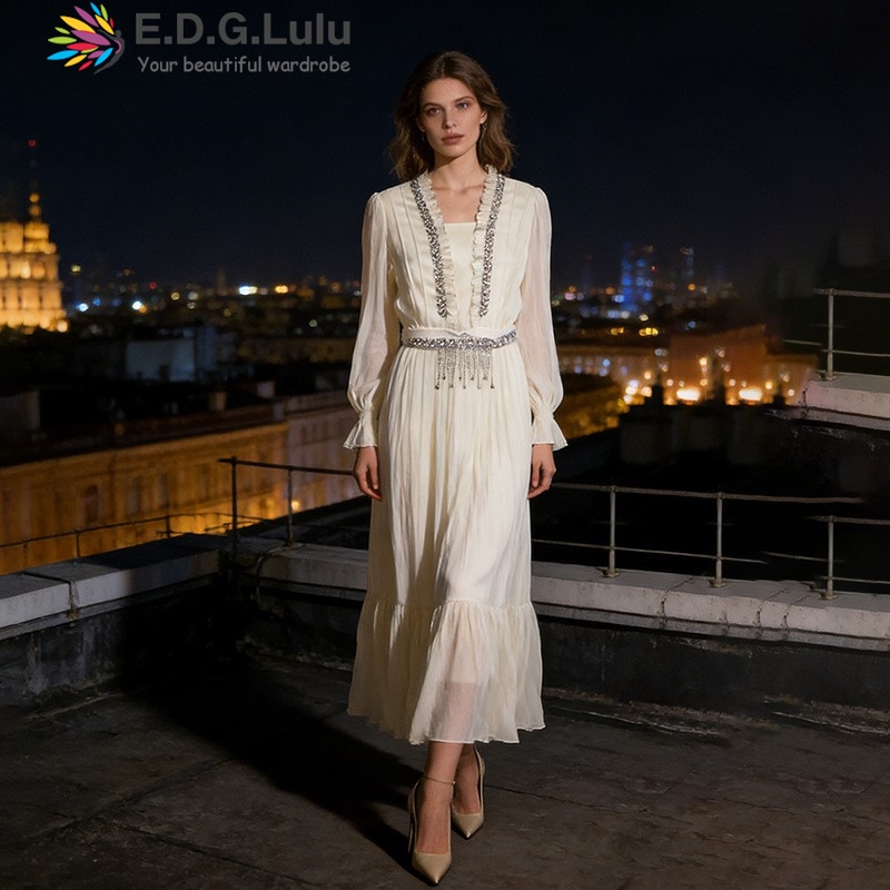 EDGLuLu ชุดเดรสยาวผ้าชีฟองสีขา - Wedding Lulu บทวิจารณ์และราคา